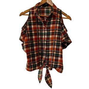 Mine Plaid Tie Front Top Cold Shoulder Button Front Blouse Fall Grunge Boho
